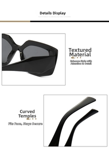 Detailed close-up of textured frame and curved temples on oversized black sunglasses