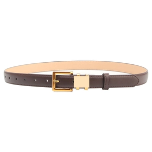 Classic dark brown leather belt with a square golden metal buckle for women's denim style