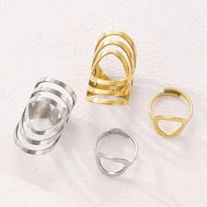 Macro detail of geometric stainless steel ring set in gold and silver finishes