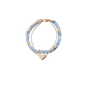 Double-layered beaded necklace with blue stones and a gold heart pendant on white background