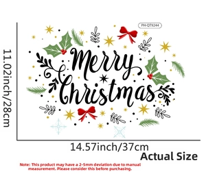 Detail showing dimensions of Merry Christmas wall sticker with holly and snowflakes