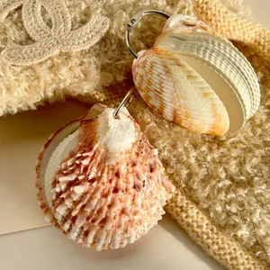 Close-up of natural abalone shell keychains with iridescent texture and metal rings