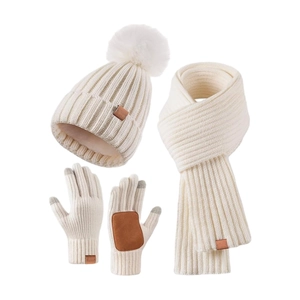 Winter 3-piece knit set with pompom hat, scarf, and touch screen gloves in cream white