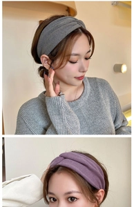 Detailed view of grey and purple soft knitted knot headbands shown on female models