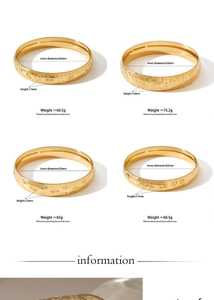 Detailed view of four vintage gold steel bangles with intricate engraved patterns and dimensions