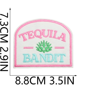 Detail of Tequila Bandit embroidered patch showing 8.8cm x 7.3cm size measurements