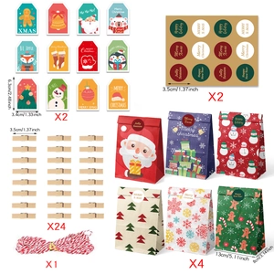 24-piece Christmas gift bag set with tags, clips, stickers and cotton rope packaging