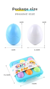 Detailed view of colorful educational Easter egg puzzle set with dimensions and storage tray