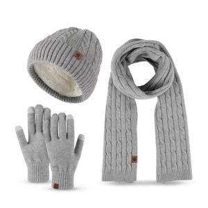 Light gray winter knit set with beanie, scarf, and touchscreen gloves for thermal warmth