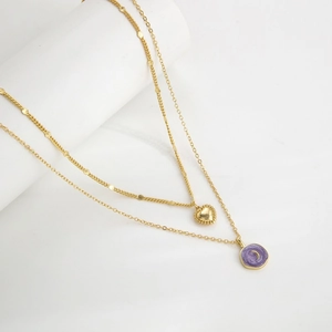 Double-layer 18K gold plated necklace with purple heart and moon pendant charms