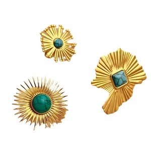 Retro gold stainless steel ring set with sunburst texture and turquoise inlay accents