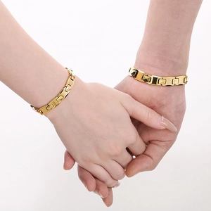 Matching gold-plated geometric link bracelets for couples in industrial tungsten steel