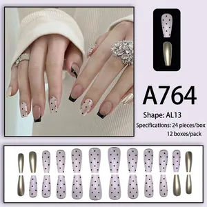 Pink and black floral pattern press-on nails set with metallic finish, 24 pieces