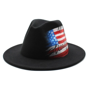 Fedora Hat Wool Felt Hand Painted US Flag Graffiti Wide Flat Brim Streetwear Jazz Cap For Men Women