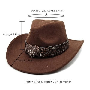 Dark brown felt cowboy hat with paisley belt and rhinestone heart buckle detail