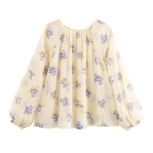 Elegante camicetta in chiffon floreale da donna con maniche a lanterna e scollo rotondo