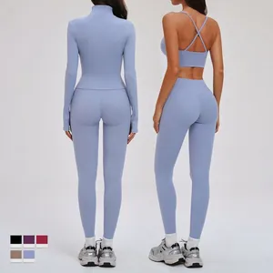 Ensemble de yoga 3 pièces pour femme en bleu-violet avec legging et veste zippée
