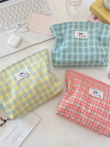 Trousse Per Trucco In Tela Quadretti Stile Ins Coreano Cerniera Borsa Cosmetica Portatile Donne Ragazze Organizzatore Viaggio