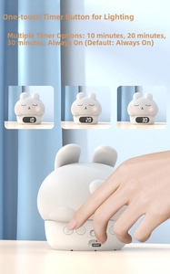 Detail of bunny night light with timer settings and USB charging port on the base