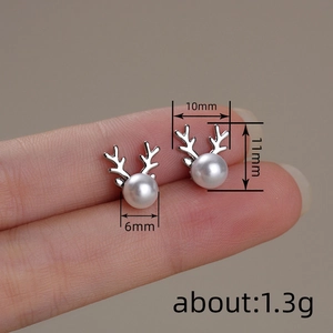 Elegant silver elk reindeer pearl stud earrings for women with minimalist holiday design