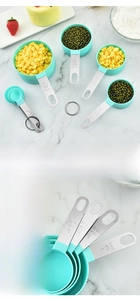 Detail of stainless steel handles and measurement markings on mint green measuring cups