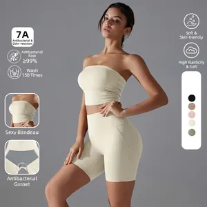 Women Strapless Tube Top And High Waisted Biker Shorts Yoga Outfit Top And Bottom Breathable High Stretch Seamless Gym Fitness Workout Set