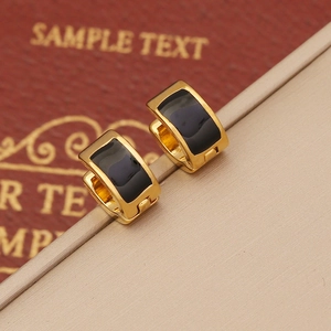 Elegant gold-plated geometric rectangle hoop earrings with black enamel inlay for women