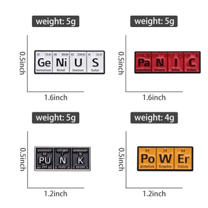 Detailed size and weight view of four chemical element periodic table enamel pins