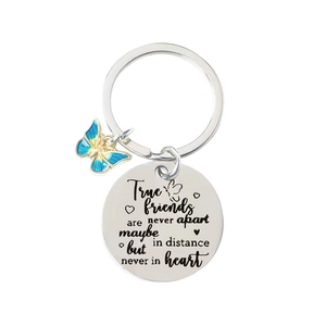 True friends butterfly keychain with engraved stainless steel pendant on white background