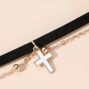 Double-layer black velvet and gold chain choker with enamel cross pendant decoration