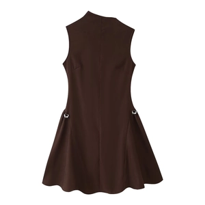 Sleeveless one-shoulder mini dress in brown with silver metal waist ring decorations