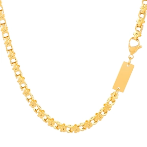 Golden titanium steel necklace featuring plum blossom chain links and rectangle tag
