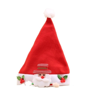 Red non-woven Christmas hat for kids with cartoon Santa Claus applique and white pom-pom