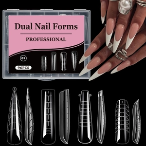 Macro detail of 96pcs dual nail forms with scale marks in a transparent box