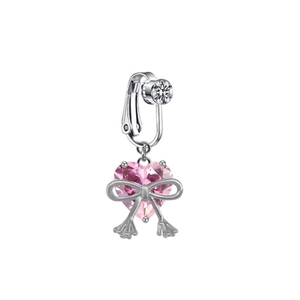 Clip de nombril nœud argenté sans perçage avec cristal cœur rose et accents strass