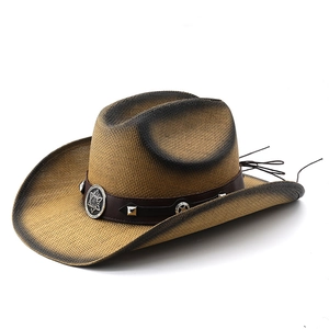 Chapeau de paille cowboy avec ceinture en cuir vintage et bord brûlé dégradé marron