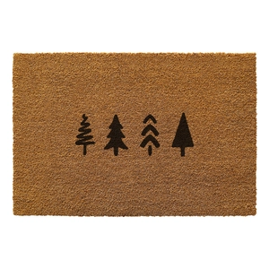 Macro detail of natural coir doormat showing durable fiber texture and black tree print