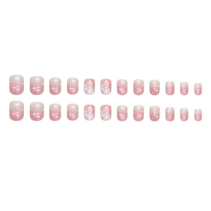 Pink gradient short press-on nails with white butterfly and star designs 24pcs set
