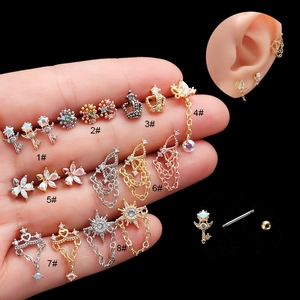 Cartilage Stud Earrings Stainless Steel Butterfly Tassel Chain Micro Pave Cubic Zirconia Helix Piercing Jewelry Screw Back