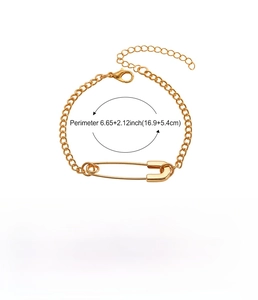 Detail view of a gold paperclip chain bracelet with specific length and weight specifications