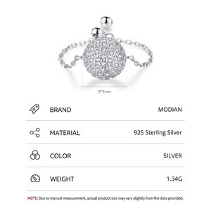 925 Sterling silver chain ring featuring a 9mm sparkling crystal ball pendant