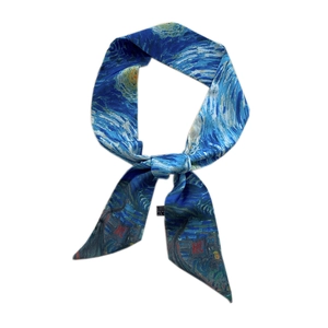 Narrow silk scarf featuring Van Gogh Starry Night print for hair and bags