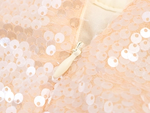 Close-up of light pink sequin fabric texture and hidden zipper on party dress