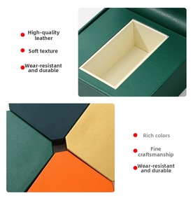 Detail of octagonal PU leather watch boxes with litchi grain and soft beige lining