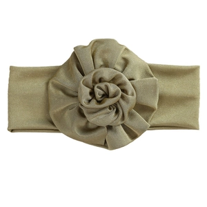 Elastic khaki baby headband featuring a large 3D handmade fabric flower decoration