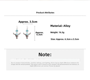 Detail showing cow head drop earrings dimensions and 16.3g weight in alloy metal