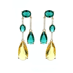 Luxurious yellow and green water drop earrings with gold inlay and sparkling crystals