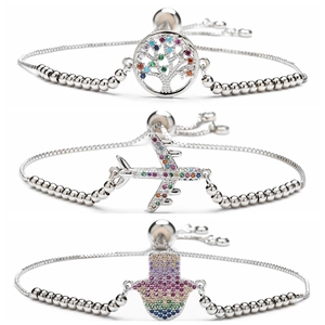 Bracelet Réglable en Cuivre et Zirconium Femme Pierres Multicolores Arbre de Vie Avion Couronne Hamsa Bijoux Mode