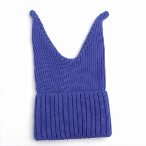 Close-up of thick rib-knit purple winter hat with cute pointed ear design for kids