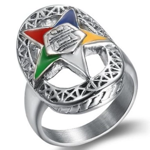Polished stainless steel Order of the Eastern Star ring with five-color enamel star